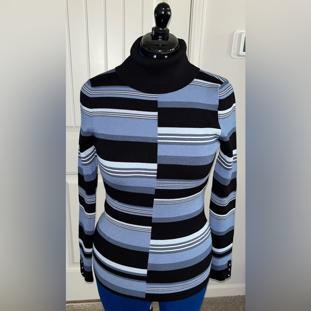 White House Black Market Striped Ribbed Black and Blue Long Sleeve Turtleneck